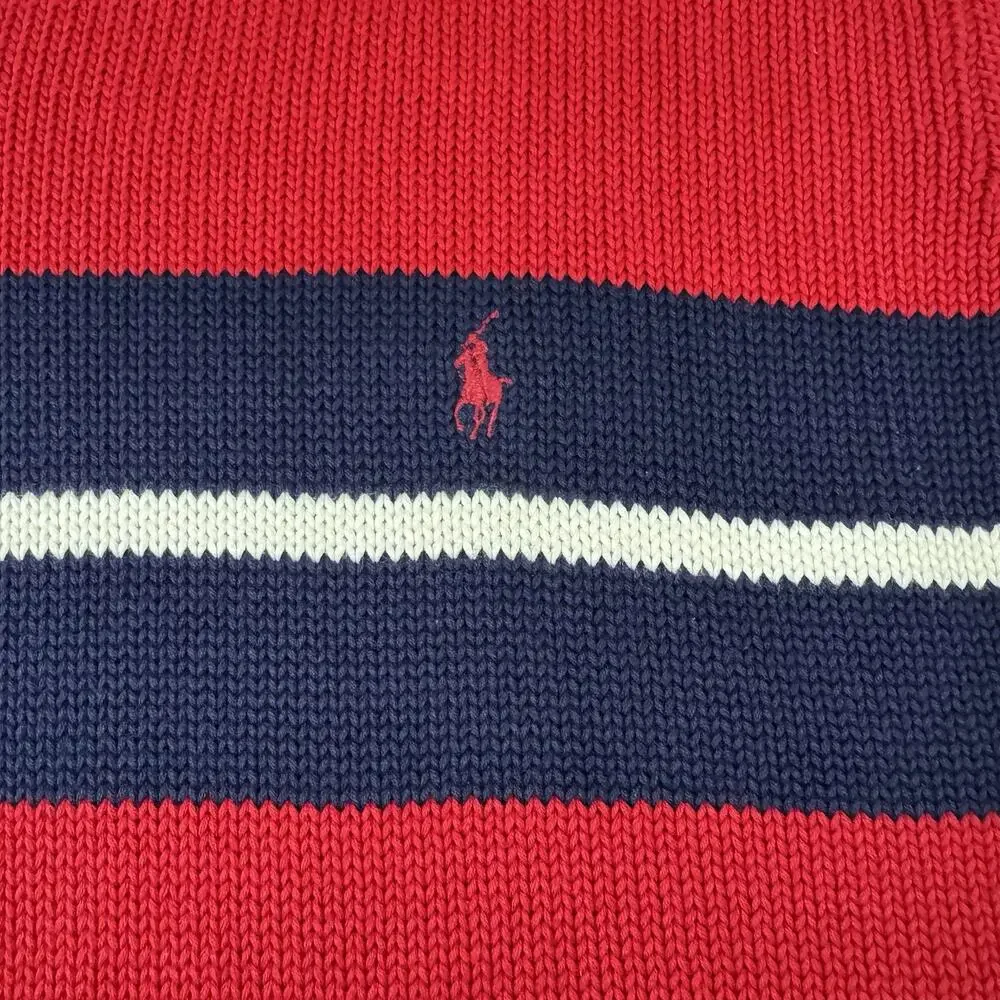Vintage 80s Polo Ralph Lauren V Neck Cotton Sweater Striped Red Blue Men's XXL
